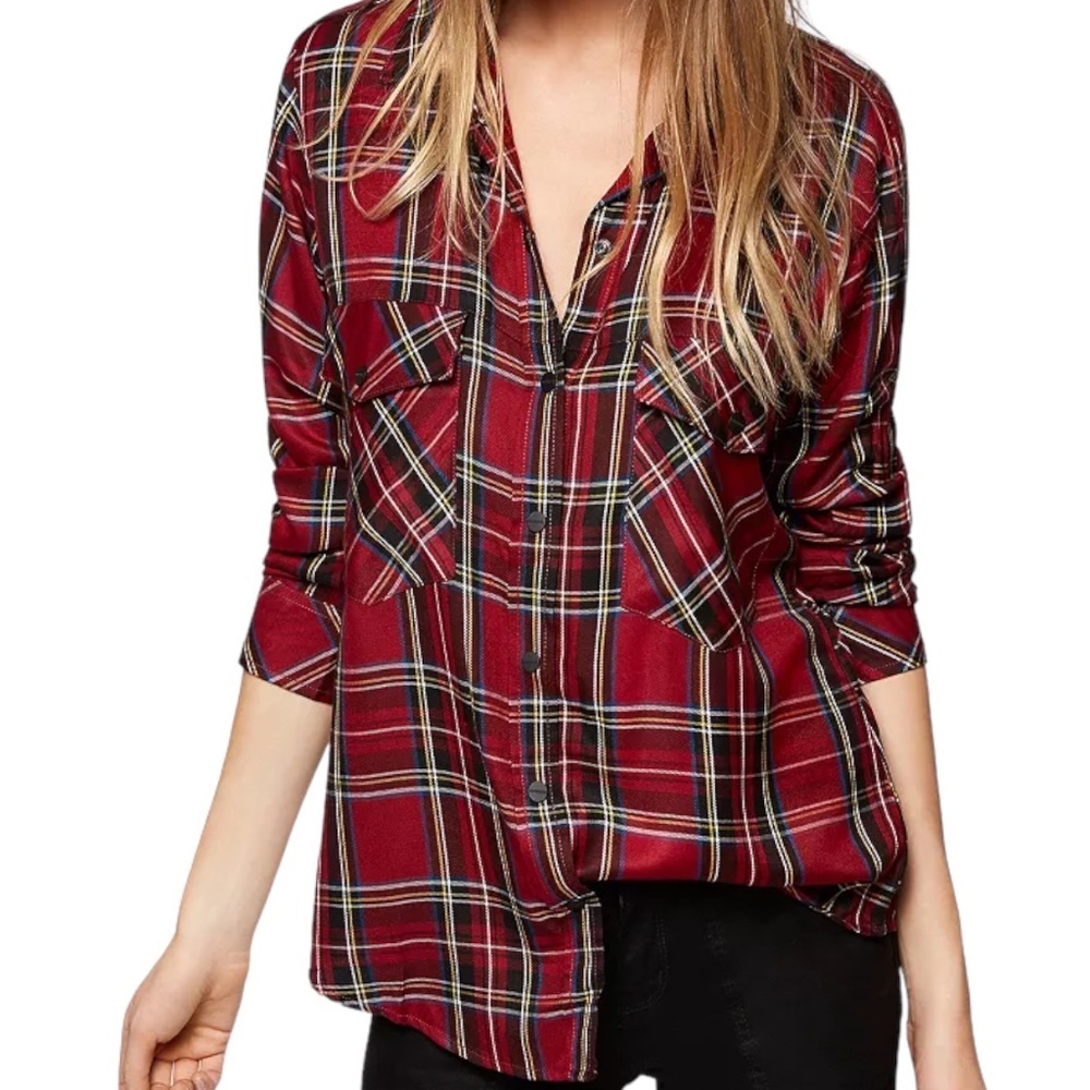 Sanctuary Boyfriend Snap Button Down Shirt‎ Size XS Xsmall Tartan Plaid